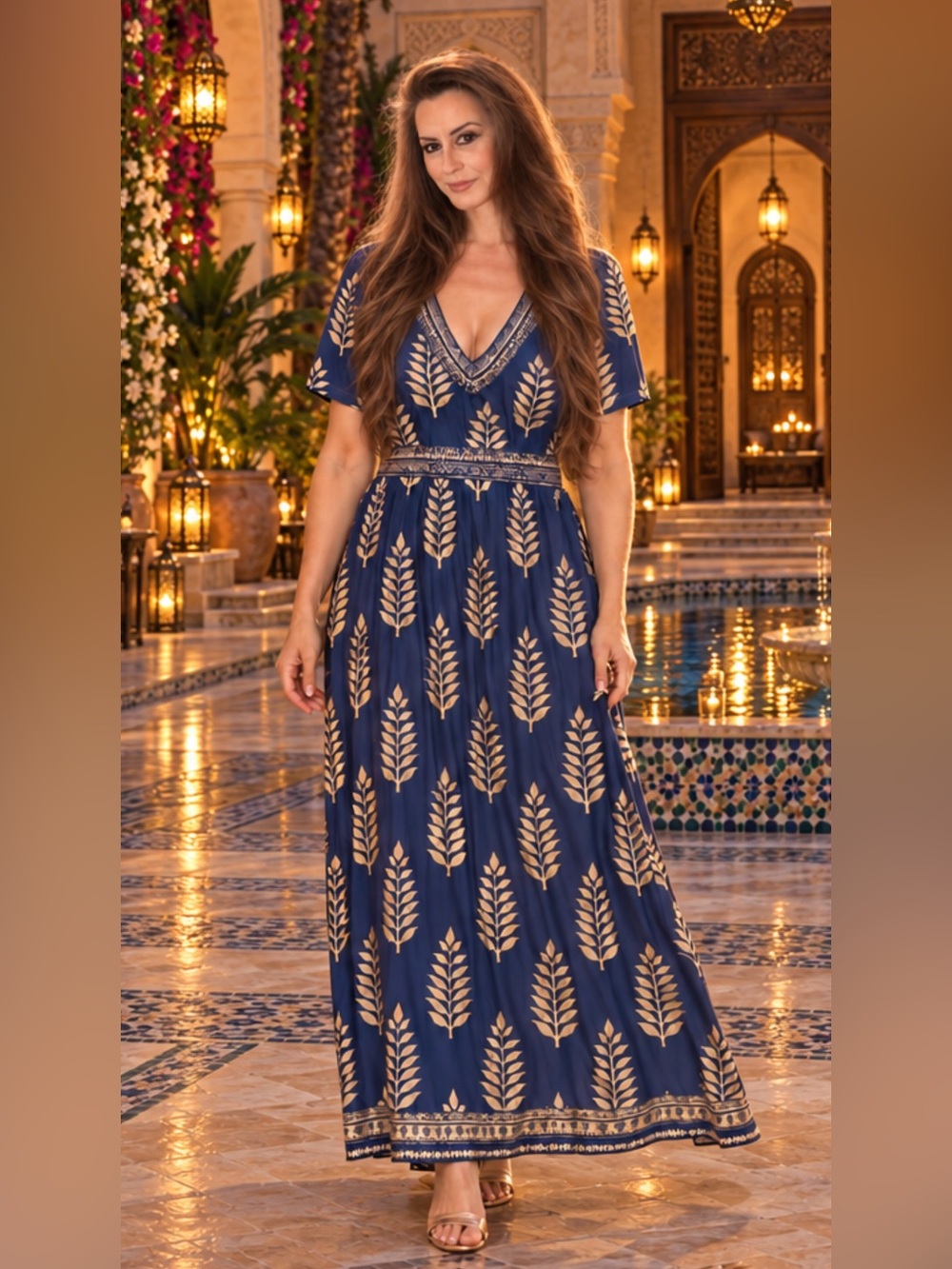 NWT Navy Quietly Exotic Chic Maxi Dress with Gold Leaf Motif L
